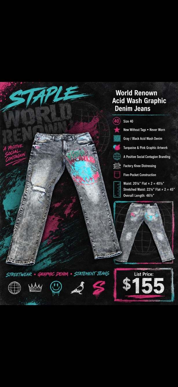 Staple World Renown Acid Wash Graphic Denim Jeans